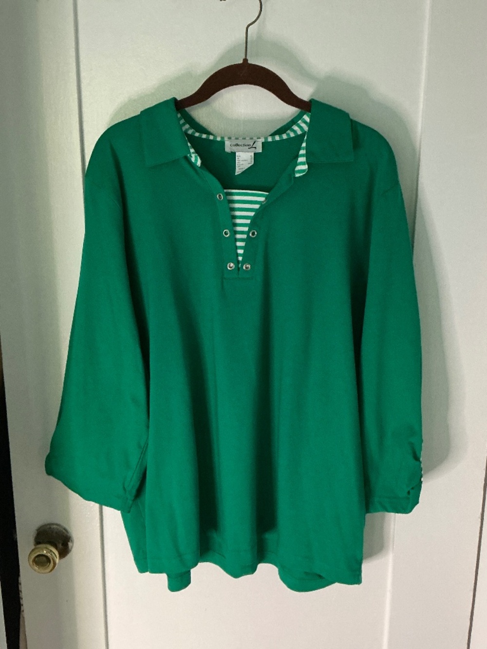 Kelly Green Nautical Stripe Accent Top | Casual Roll Sleeve Pullover, Size 18
